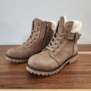Apres by LAMO Combat Boots Womens Size 8 Brown Leather Faux Fur Trim Side Zipper